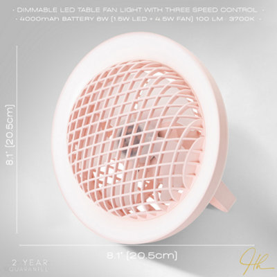 Soft Pink Rechargeable 3 Speed Desk Fan with LED Dimmable Ring Light