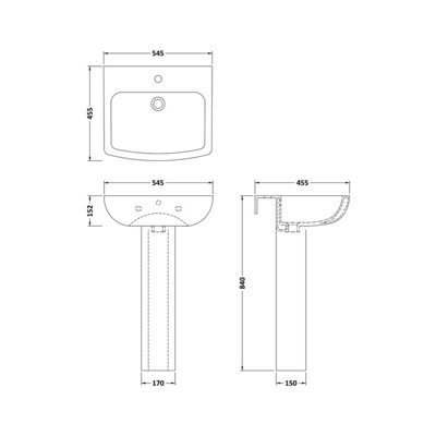 Soft Square 1 Tap Hole Basin & Full Pedestal - 545mm
