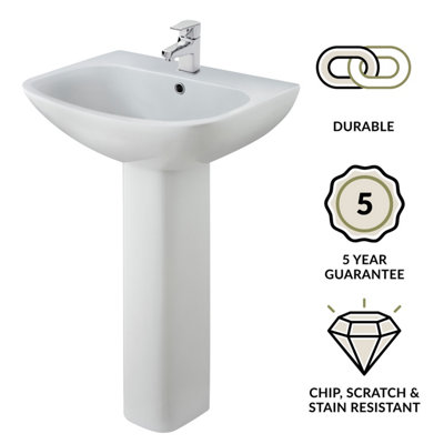 Soft Square 1 Tap Hole Bathroom Basin Sink & Full Pedestal - 545mm - 3