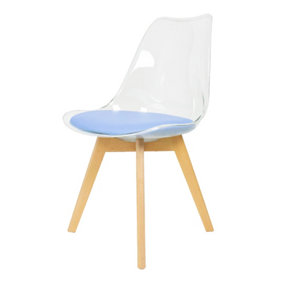 Soho Clear and Blue Plastic Dining Chair with Squared Light Wood Legs