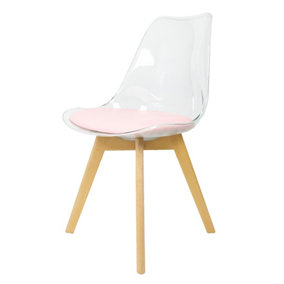 Soho Clear and Blush Pink Plastic Dining Chair with Squared Light Wood Legs