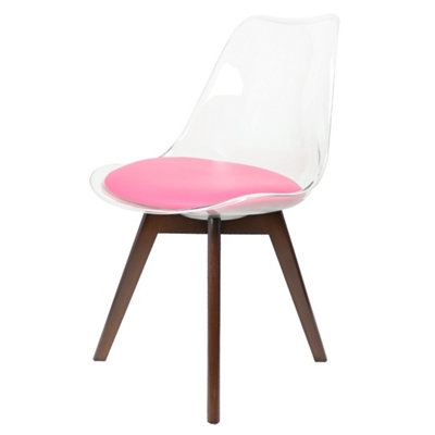 Soho Clear and Bright Pink Plastic Dining Chair with Squared Dark Wood Legs