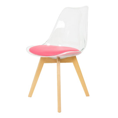 Soho Clear and Bright Pink Plastic Dining Chair with Squared Light Wood ...