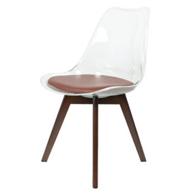 Soho Clear and Chocolate Plastic Dining Chair with Squared Dark Wood Legs