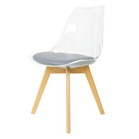 Soho Clear and Dark Grey Plastic Dining Chair with Squared Light Wood Legs