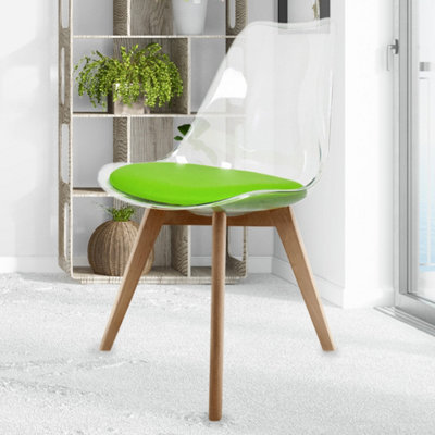 Soho Clear and Green Plastic Dining Chair with Squared Light Wood Legs