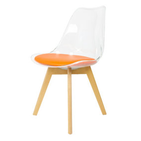 Soho Clear and Orange Plastic Dining Chair with Squared Light Wood Legs
