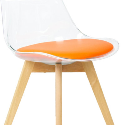 Soho Clear and Orange Plastic Dining Chair with Squared Light Wood Legs
