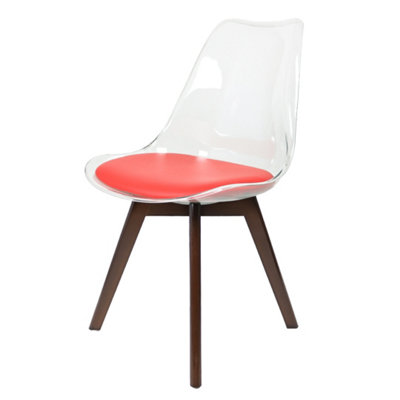 Soho Clear and Red Plastic Dining Chair with Squared Dark Wood Legs