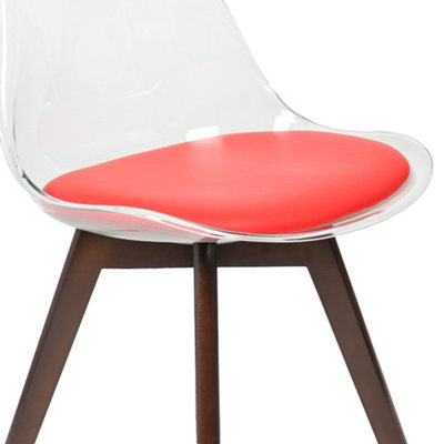Soho Clear and Red Plastic Dining Chair with Squared Dark Wood Legs