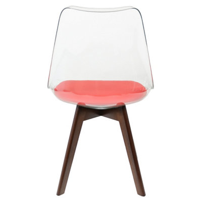 Soho Clear and Red Plastic Dining Chair with Squared Dark Wood Legs