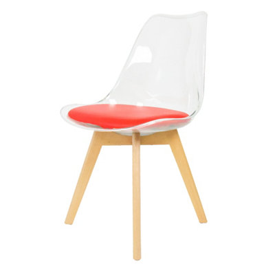 Soho Clear and Red Plastic Dining Chair with Squared Light Wood Legs