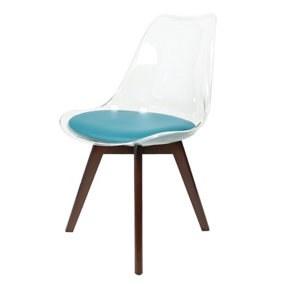 Soho Clear and Teal Plastic Dining Chair with Squared Dark Wood Legs