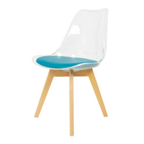 Soho Clear and Teal Plastic Dining Chair with Squared Light Wood Legs