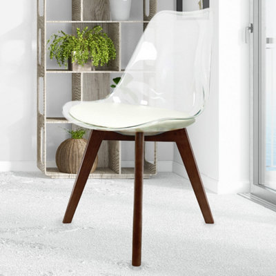 Soho Clear and Vanilla Plastic Dining Chair with Squared Dark Wood Legs