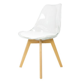 Soho Clear and White Plastic Dining Chair with Squared Light Wood Legs