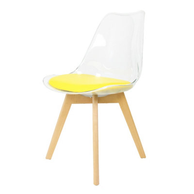 Soho Clear and Yellow Plastic Dining Chair with Squared Light Wood Legs
