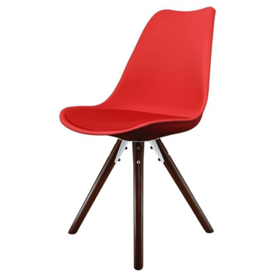 Soho Red Plastic Dining Chair with Pyramid Dark Wood Legs