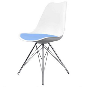 Soho White and Light Blue Plastic Dining Chair with Chrome Metal Legs