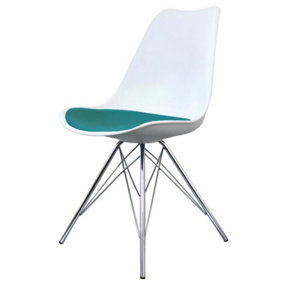 Soho White and Teal Plastic Dining Chair with Chrome Metal Legs