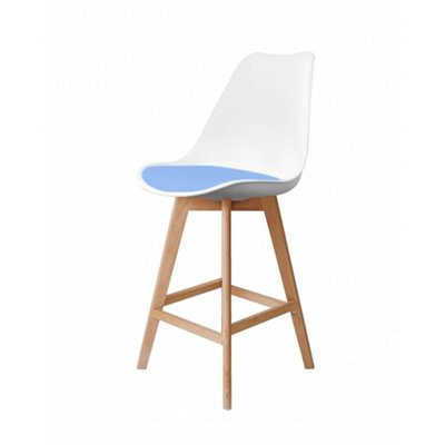 Soho White & Light bLue Plastic Bar Stool with Light Wood Legs