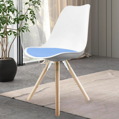 Soho White & Light Blue Plastic Dining Chair with Pyramid Light Wood Legs