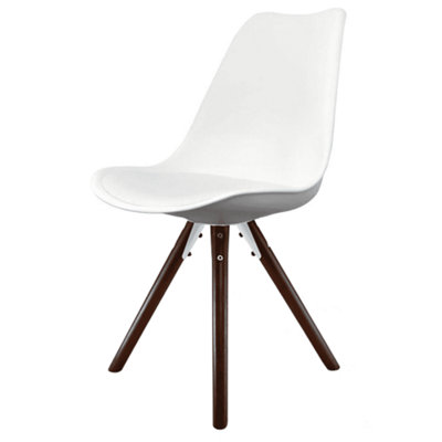 Soho White Plastic Dining Chair with Pyramid Dark Wood Legs