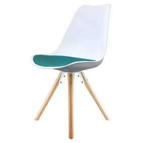 Soho White & Teal Plastic Dining Chair with Pyramid Light Wood Legs
