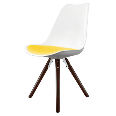 Soho White & Yellow Plastic Dining Chair with Pyramid Dark Wood Legs