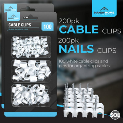 SOL 200pk White Cable Clips, Cable Pins for Walls & Wires , Wall Tacks for Wires, Cables