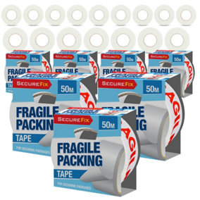SOL 24pk Bulk Fragile Tape 50m Packing Solution, Strong Heavy Duty Fragile Tape for Packing Boxes Sticky Parcel Tape