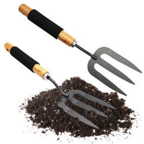 SOL 2pk Heavy Duty Gardening Fork, 34.5cm Wooden Handle Garden Hand Fork with Black Rubber Grip for Effortless Gardening