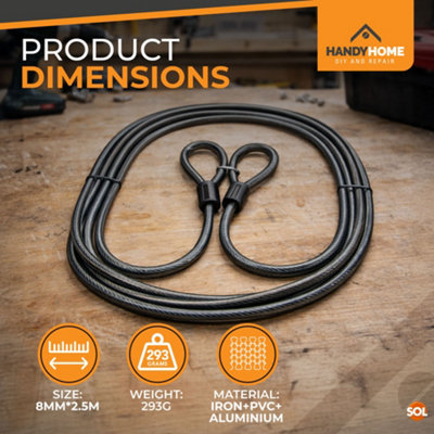 SOL Double Loop Steel Cable 8mm x 2.5m Multi Stranded Braided Security ...