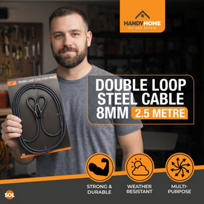 SOL Double Loop Steel Cable 8mm x 2.5m Multi Stranded Braided Security ...
