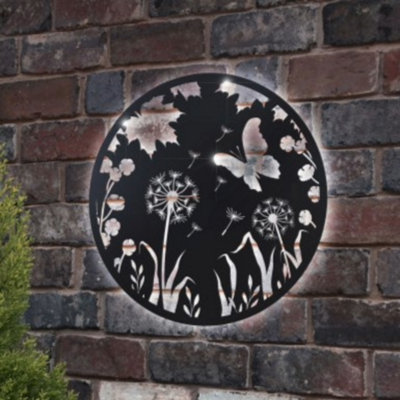 Solar Backlit Butterfly Dandelion Silhouette Wall Art - Outdoor Metal Garden Decor