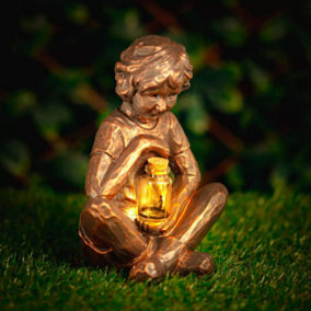 Solar Boy Garden Ornament LED Light Up Lantern Fairy Jar Bottle Outdoor Lighting