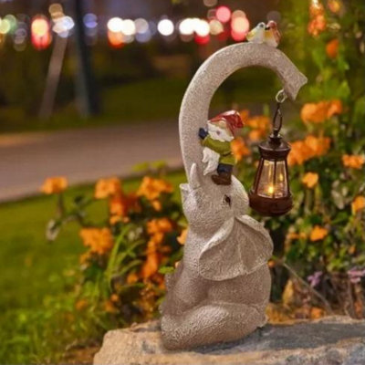 Solar Elephant Gnome Ornament Garden LED Light Up Lantern Lighting Stone Effect