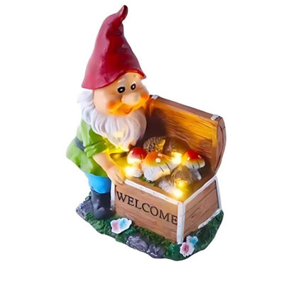 Solar Gnome Garden Ornament LED Welcome Chest Home Patio Flower Bed Lighting