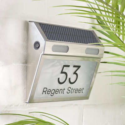 Solar Address Sign With White LED Lights – Waterproof Stainless Steel, Battery Powered, DIY Letters & Numbers For Home, Garden, Patio
