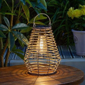 Solar LED Rattan Lantern Light Brown Hanging Table Decor Outdoor Garden 27cm