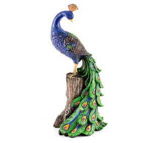 Solar Peacock Ornament - Weatherproof Polyresin Outdoor Garden Decoration with Red LED Lights - H48cm x W21cm x D18cm