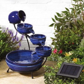 Solar Powered 5 Tier Neptune Cascading Fountain - Ceramic Blue Outdoor Garden Water Feature - Measures H49 x W44 x D38cm