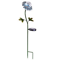 Solar Powered Blue Daisy Design Globe Stake Light - Flower Shaped Metal & Glass Outdoor Garden Lighting Ornament - Measures H74cm