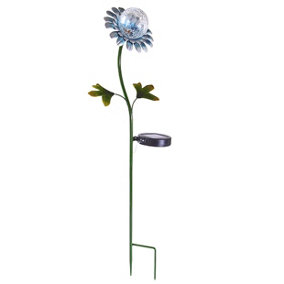 Solar Powered Blue Daisy Design Globe Stake Light - Flower Shaped Metal & Glass Outdoor Garden Lighting Ornament - Measures H74cm
