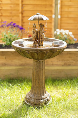 Solar Powered Boy & Girl Umbrella Water Fountain Rustic Traditional Water Feature