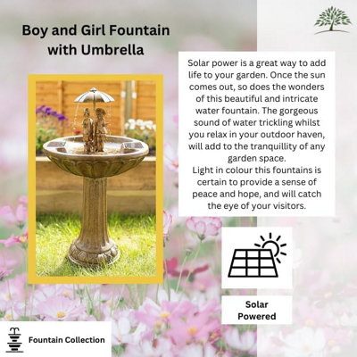 Solar Powered Boy & Girl Umbrella Water Fountain Rustic Traditional Water Feature