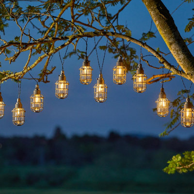 Solar Powered Cage String Lights - Outdoor Garden Fairy Lights with 10 LED Lanterns - Each Light H10 x 6cm Diameter & 20 Lumens
