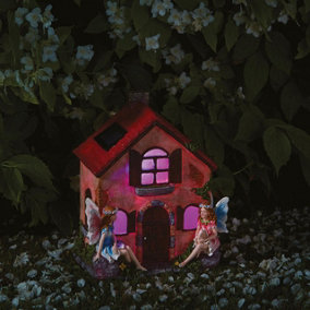 Solar Powered Fairy House Light Up Ornament - Weatherproof Hand Painted Outdoor Garden LED Decoration - H24 x W20.5 x D15cm