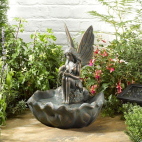 Solar Powered Fairy Leaf Fountain - Bronze Effect Resin Decorative Outdoor Garden Cascading Water Feature - H43 x 33cm Diameter