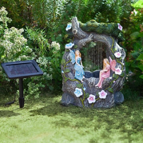 Solar Powered Fairy Rainfall Fountain - Wood Effect Resin Decorative Outdoor Garden Cascading Water Feature - H42 x W31 x D24cm